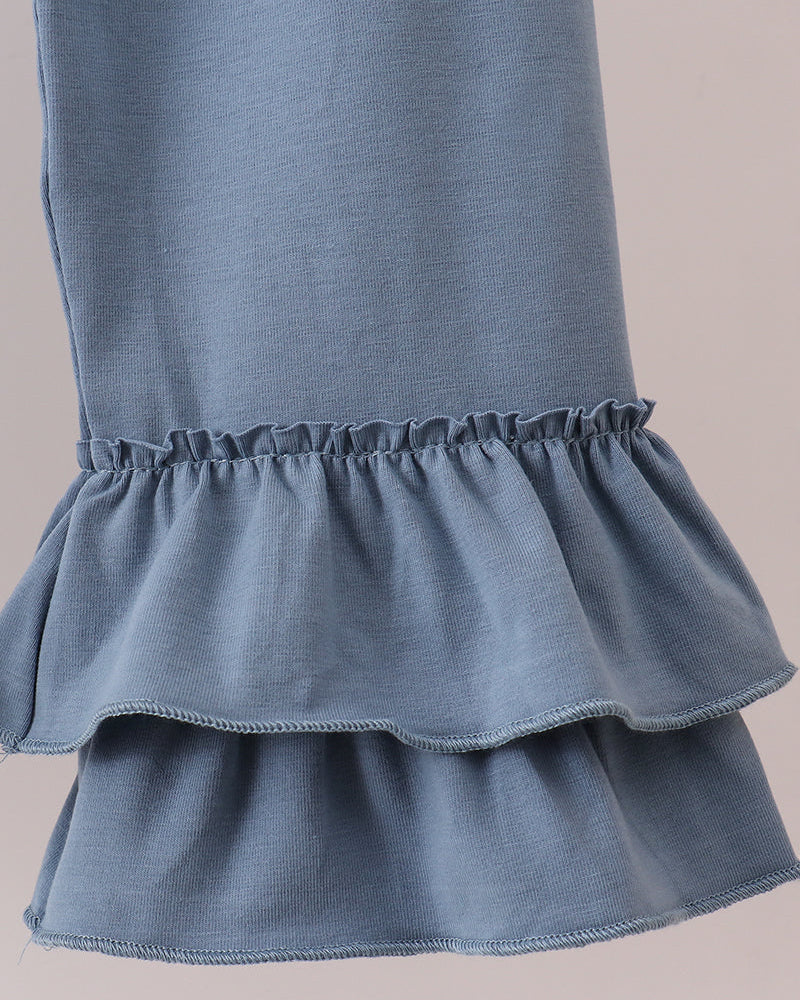 Light blue ruffle hem pants with elastic waistband and tiered flounce cuffs