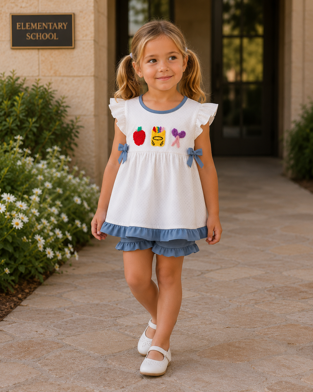 A young girl with blonde pigtails stands on a stone walkway wearing a white ruffled school dress with blue trim and colorful appliques of an apple, a bunny, and a ribbon. The background shows a building entrance with a plaque that reads 'ELEMENTARY SCHOOL'.