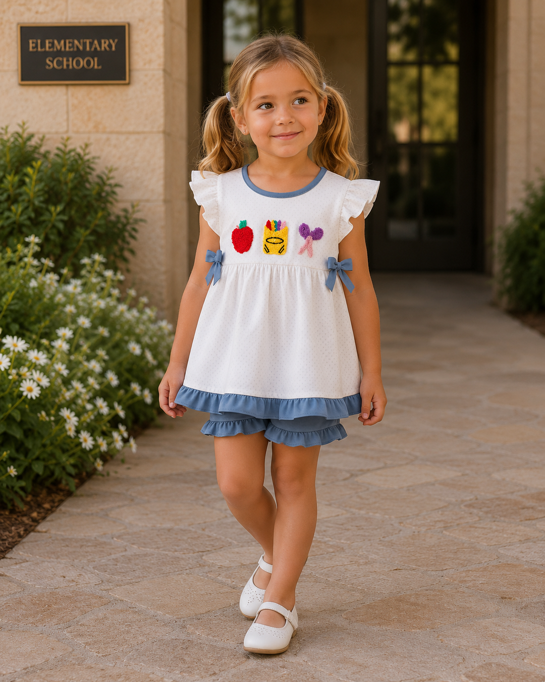A young girl with blonde pigtails stands on a stone walkway wearing a white ruffled school dress with blue trim and colorful appliques of an apple, a bunny, and a ribbon. The background shows a building entrance with a plaque that reads &