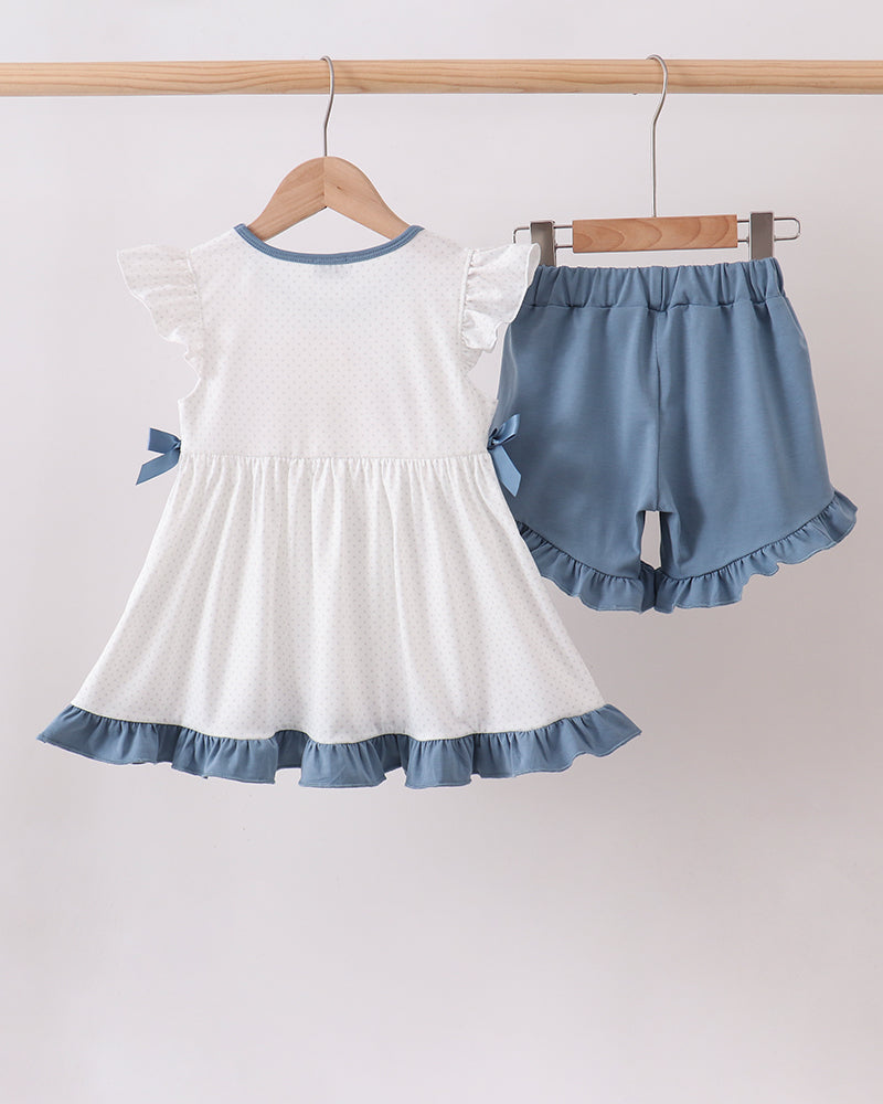 White and blue ruffle shorts set with crayon applique top and elastic-waist shorts