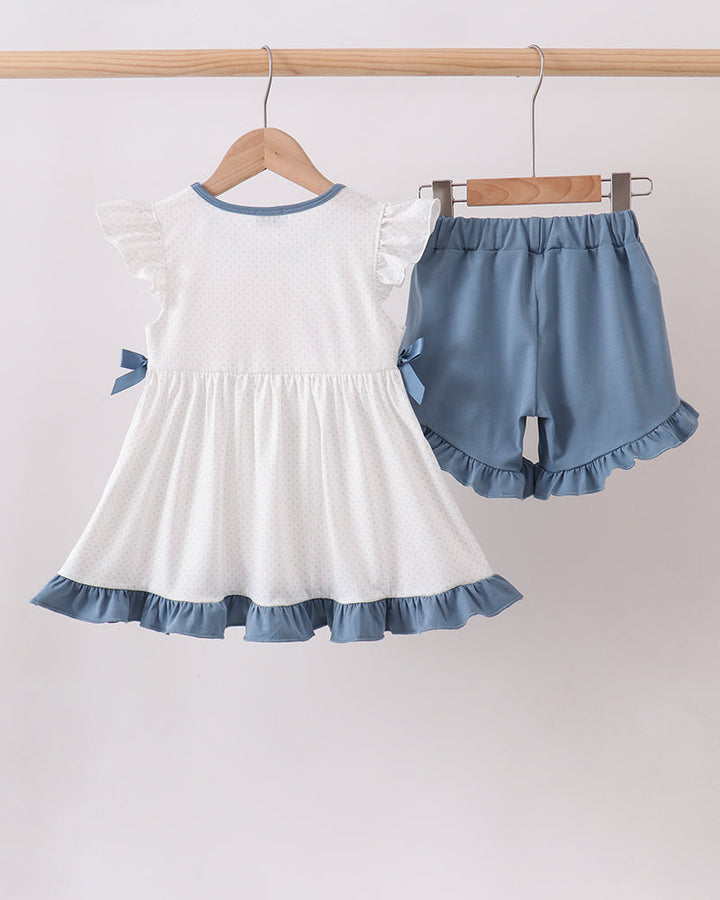 White and blue ruffle shorts set with crayon applique top and elastic-waist shorts