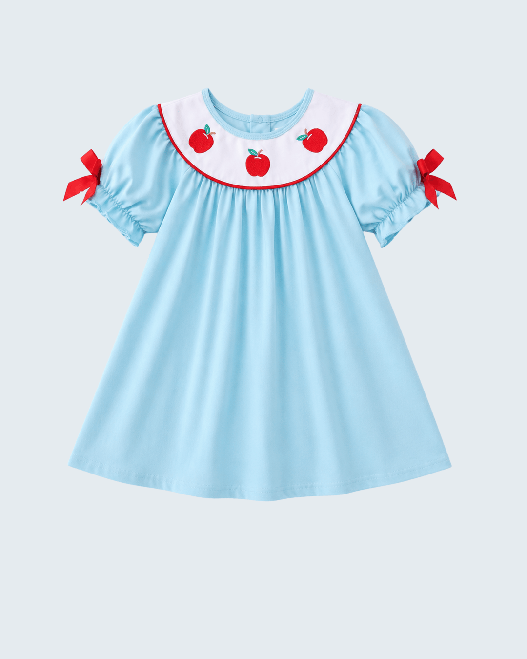 Blue Apple Embroidered Dress on light grey background