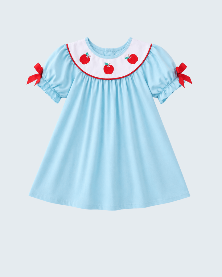 Blue Apple Embroidered Dress on light grey background