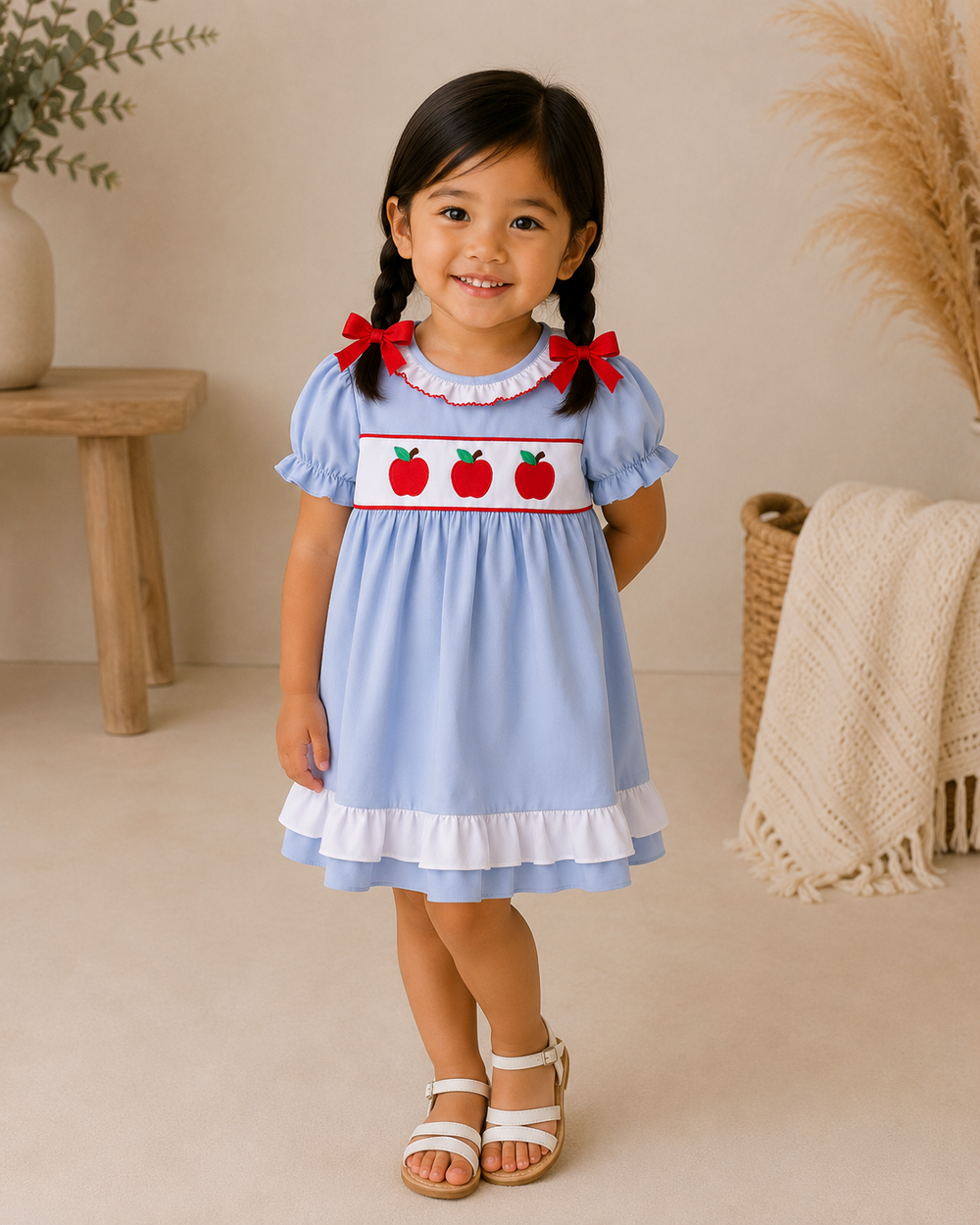 Light blue girls dress with puff sleeves, red apple motif yoke and layered ruffle skirt