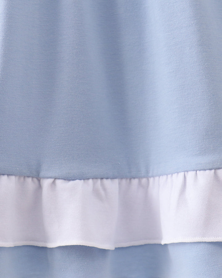 Light blue dress skirt with gathered waist and layered white ruffle hem