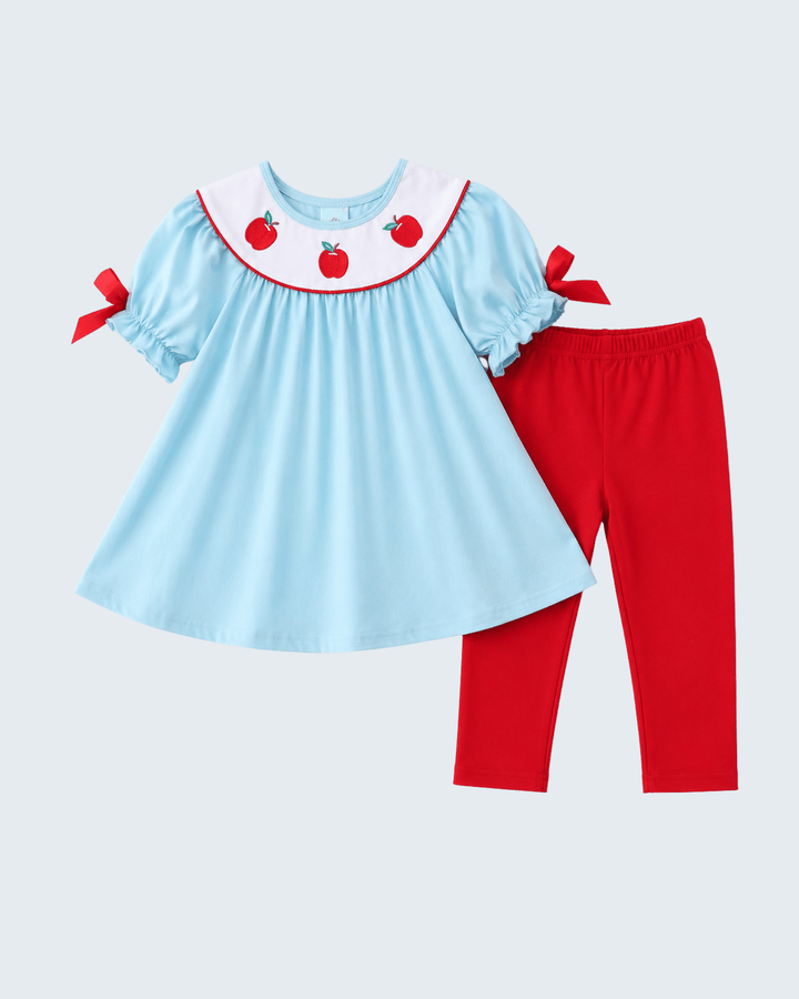Blue Apple Embroidered Pants Set on light grey background