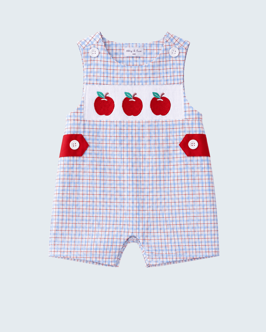 Blue Apple Embroidered Plaid Jon Jon on light grey background
