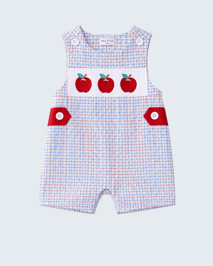 Blue Apple Embroidered Plaid Jon Jon on light grey background