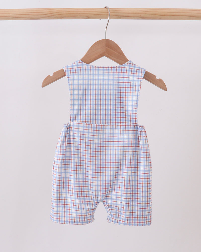 Blue Apple Embroidered Plaid Jon Jon on wooden hanger