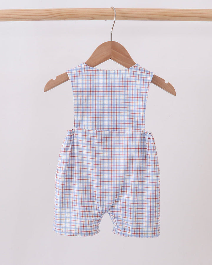 Blue Apple Embroidered Plaid Jon Jon on wooden hanger