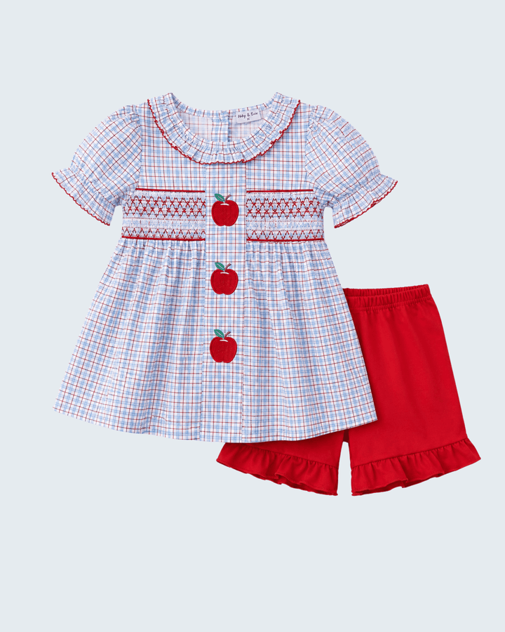 Blue Apple Embroidered Plaid Ruffle Shorts Set on light grey background
