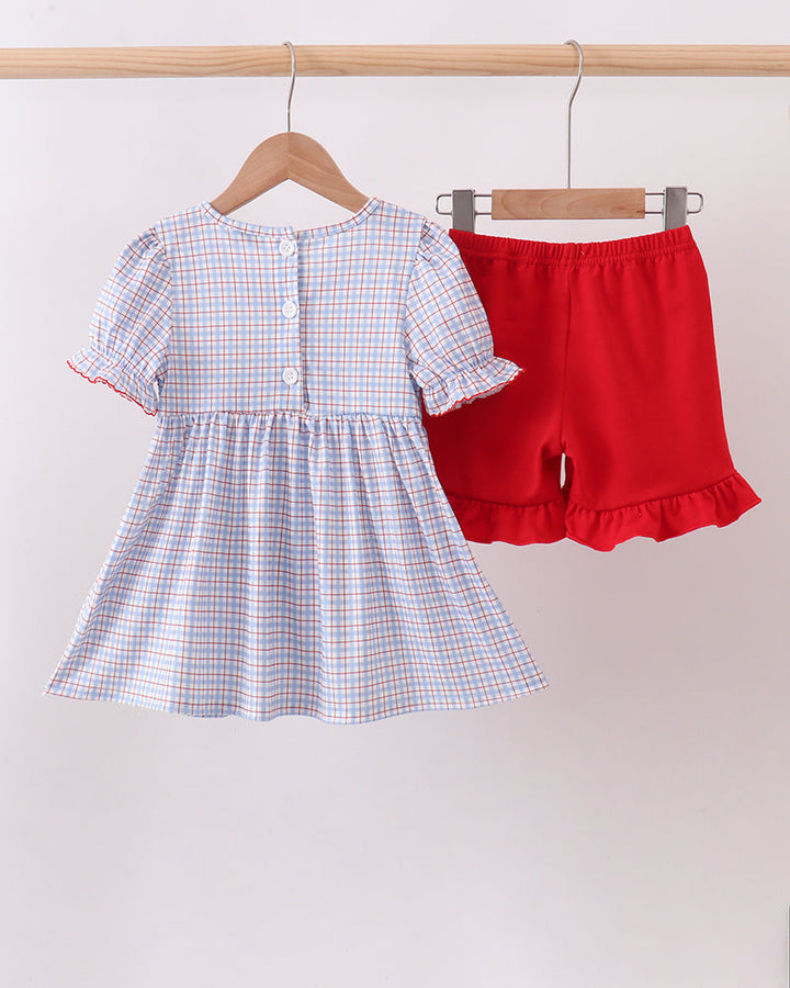 Blue Apple Embroidered Plaid Ruffle Shorts Set on wooden hanger