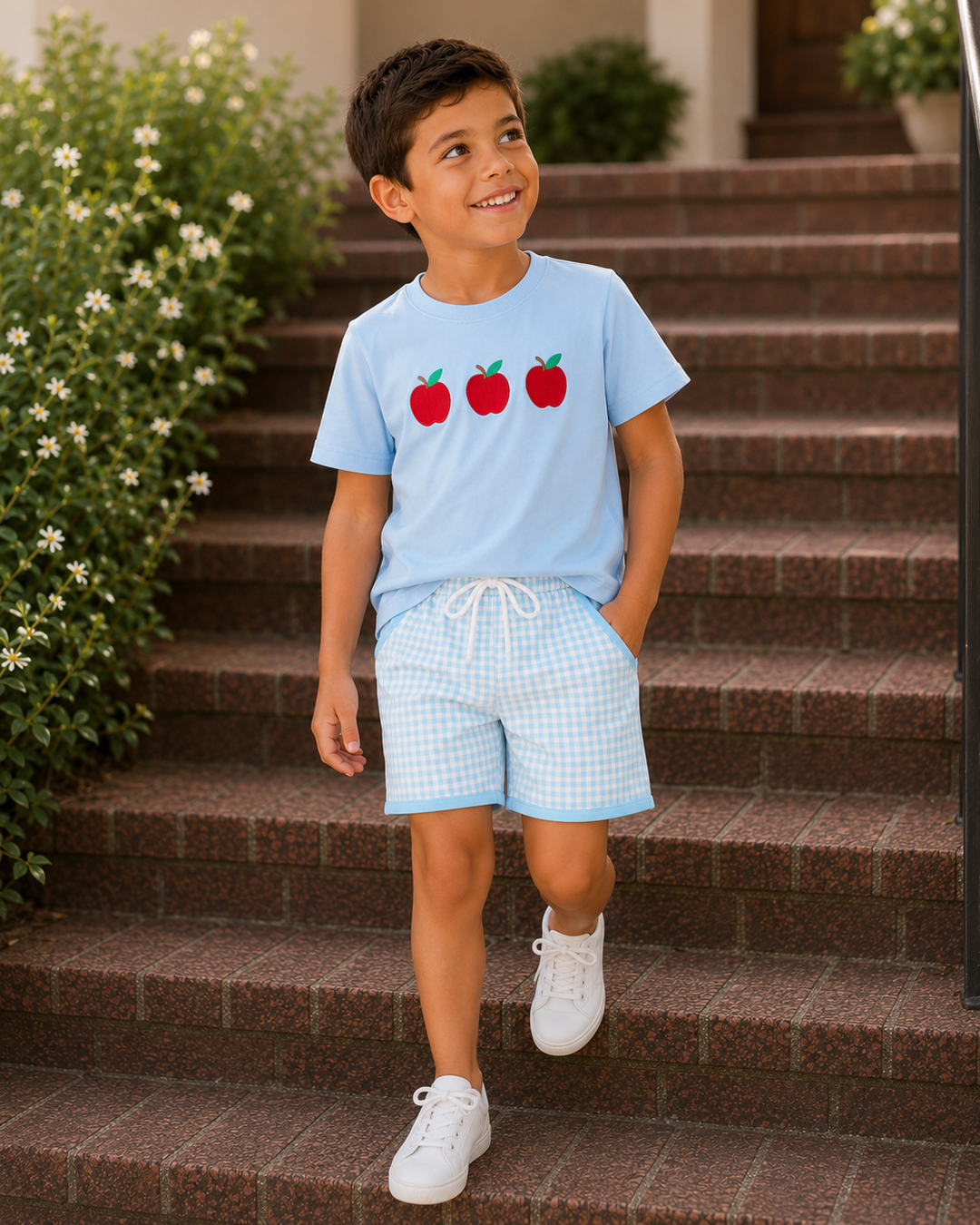 Child wearing a light blue t-shirt with red apple graphics and checkered shorts on a staircase.