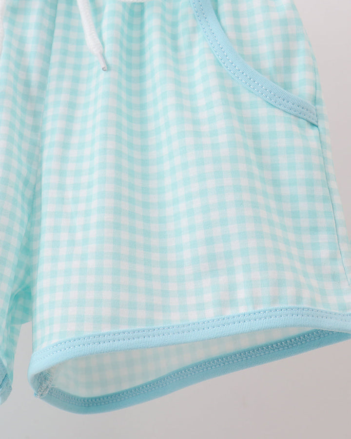 Close-up of a light blue checkered fabric on a plain background