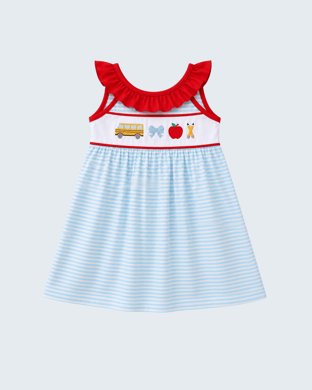 Kids ruffled sleeveless dress with red trim, colorful patch, blue striped skirt