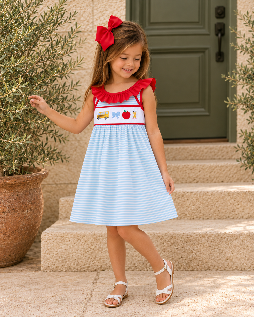 Girls sleeveless dress with red ruffle neckline and arm ties, blue striped skirt