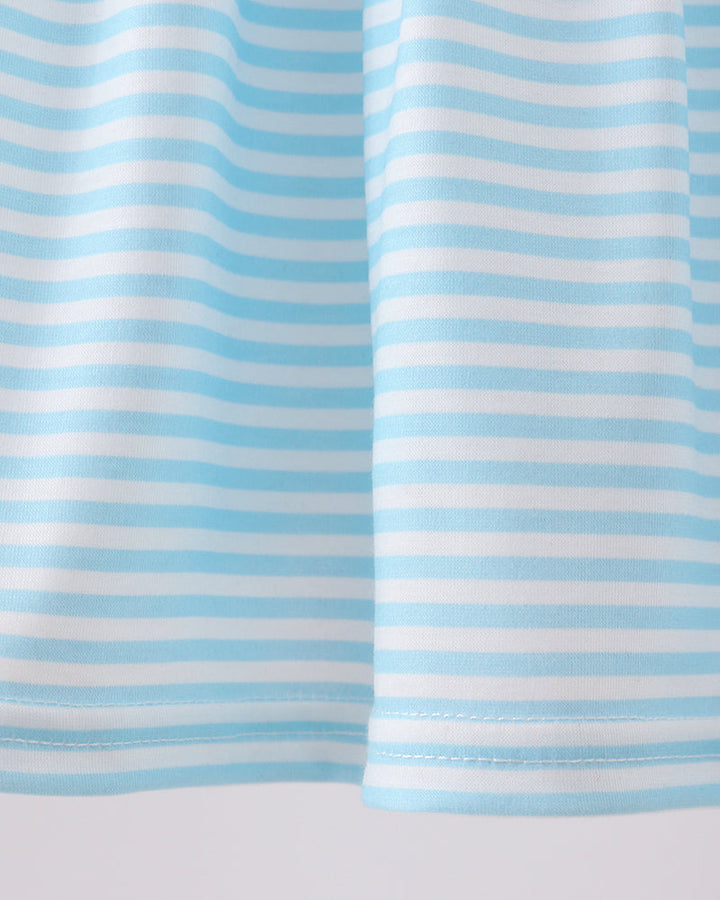 Light blue and white striped fabric with gathered hem band
