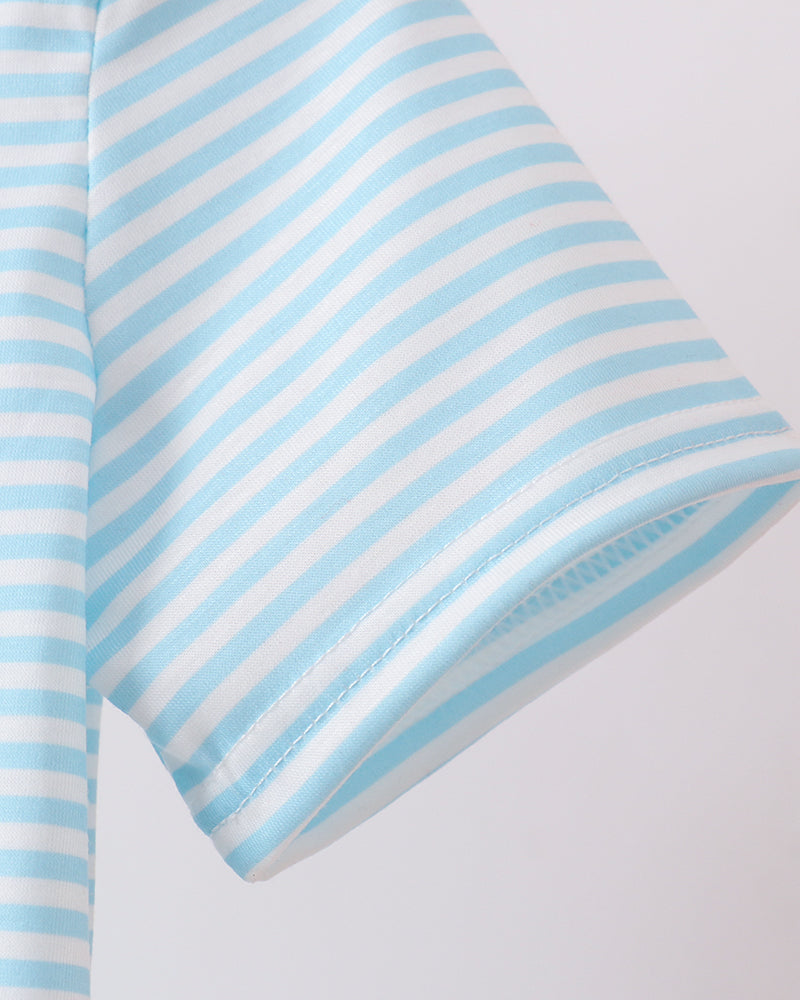 Light blue striped T-shirt sleeve with stitched hem and folded cuff edge.