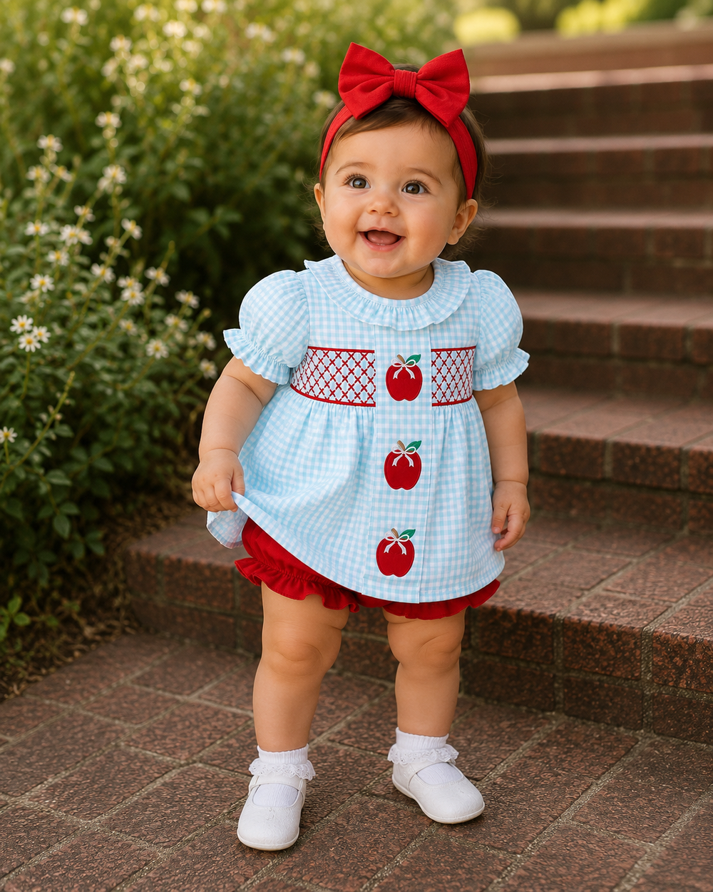 Baby girl in a blue checkered dress with red apple patterns and a red bow standing on steps.