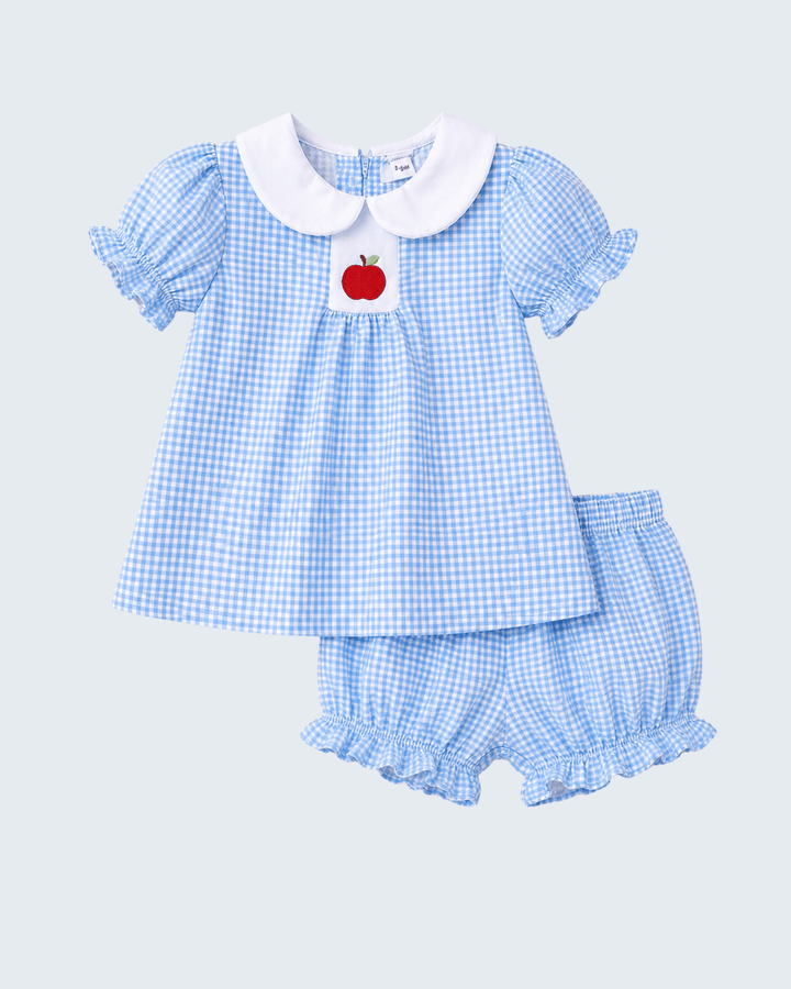 Blue gingham dress and bloomer set with apple emblem and white collar