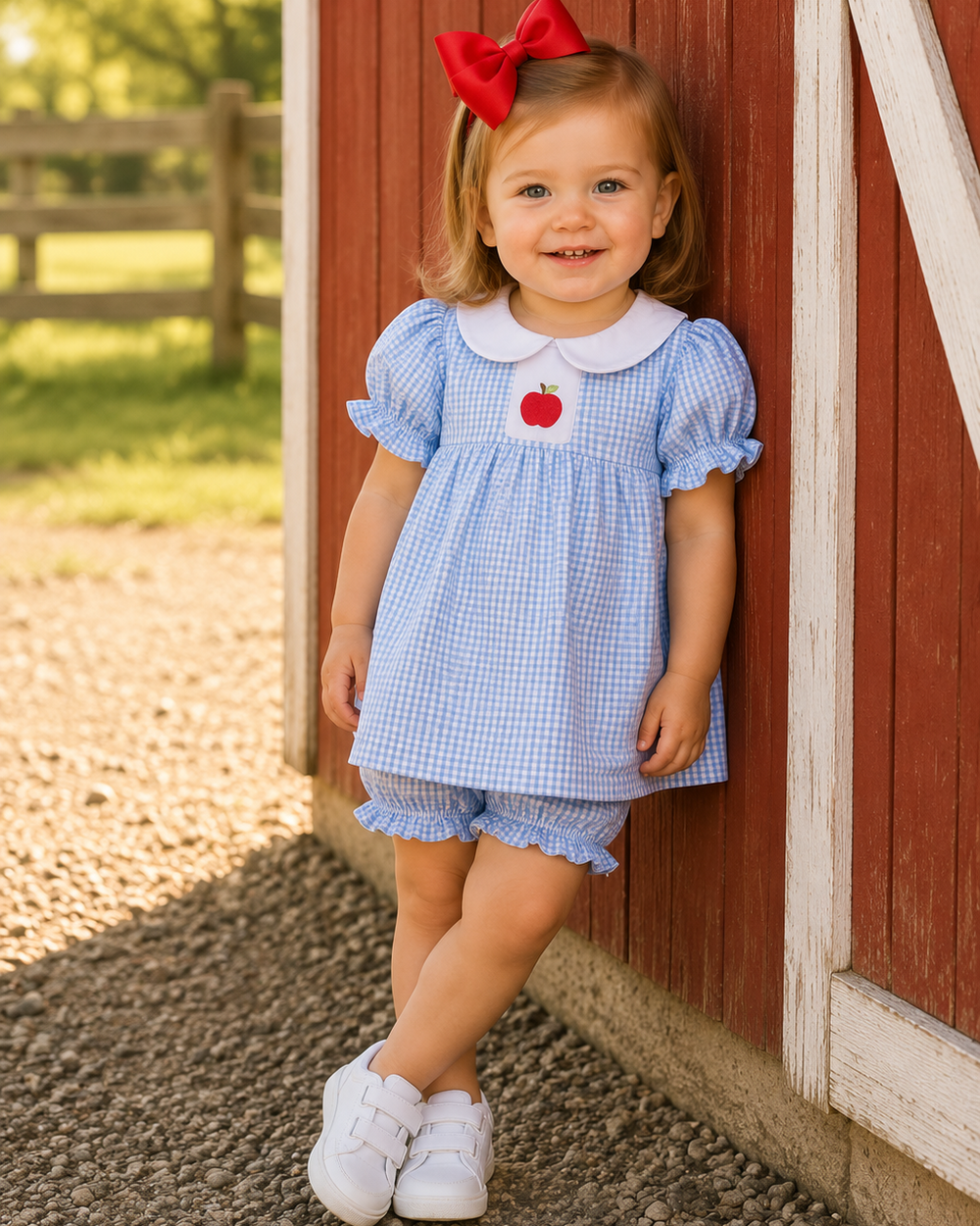 Toddler girl in blue gingham apple dress and bloomer set with red hair bow