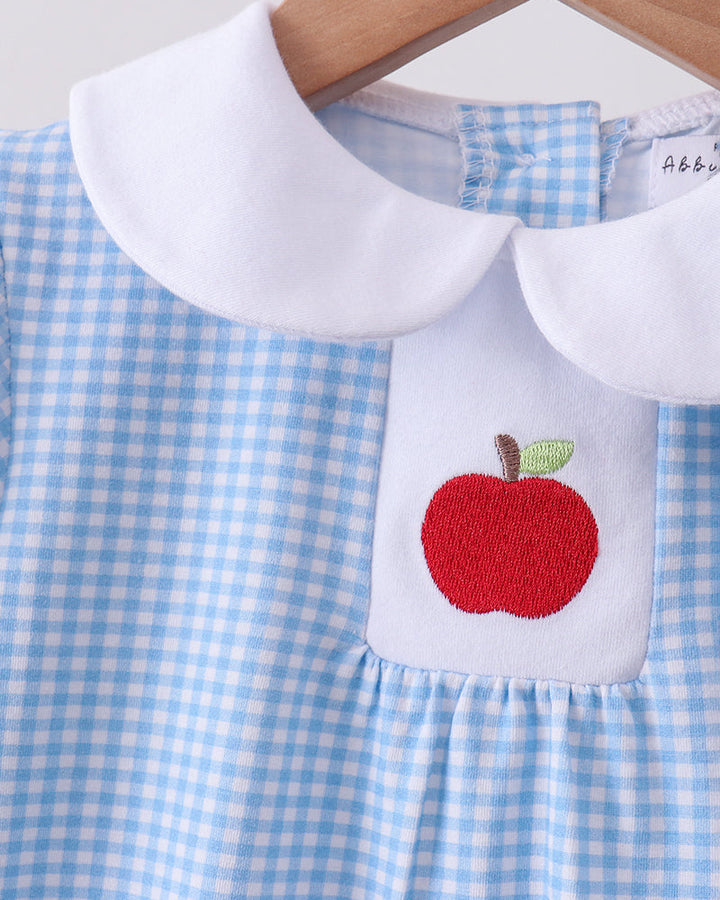 Blue gingham bloomer set top with white collar and apple applique bib