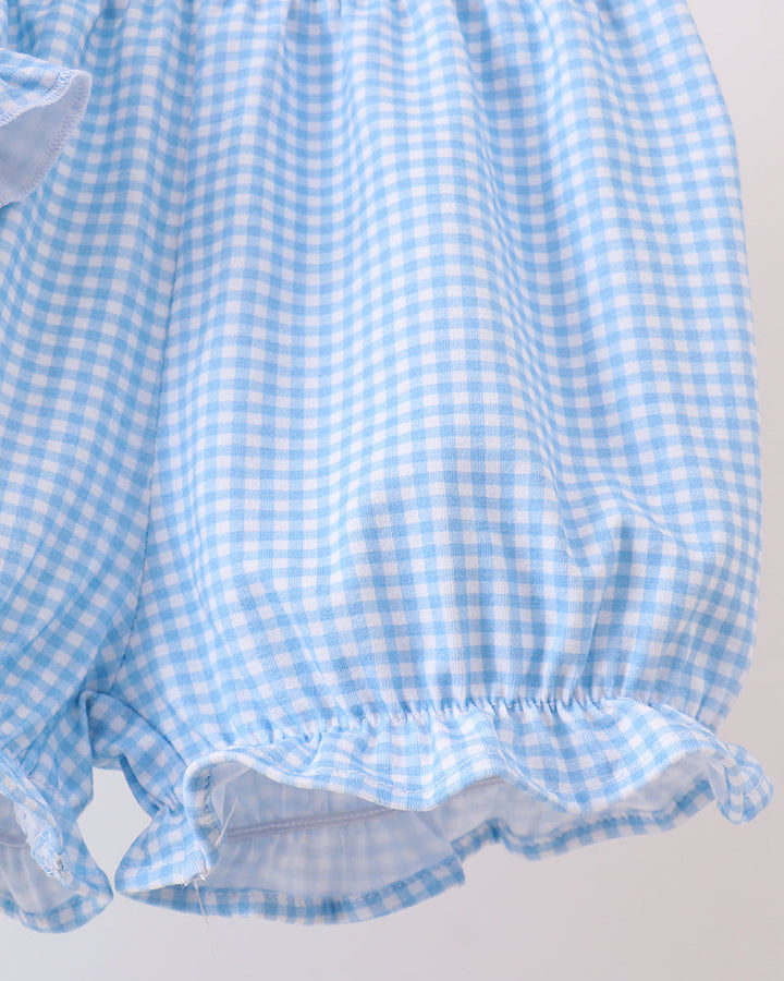 Blue gingham bloomer bottom with ruffled hem and gathered elastic waist