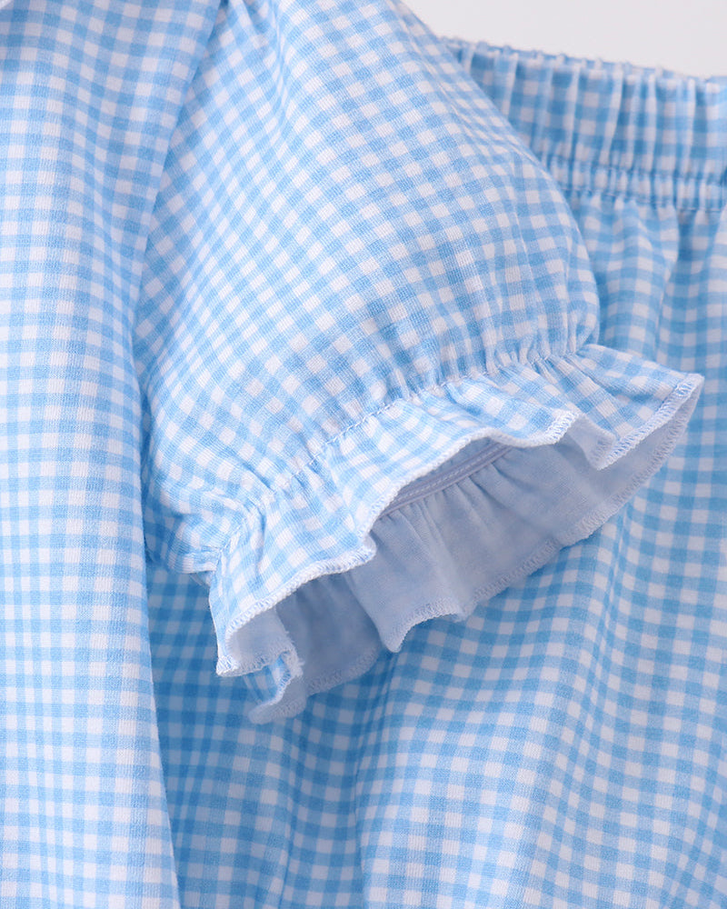 Blue gingham bloomer shorts detail with layered ruffle trim and elastic hem