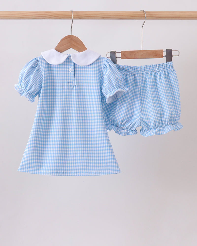 Blue gingham baby dress and bloomer set with white Peter Pan collar