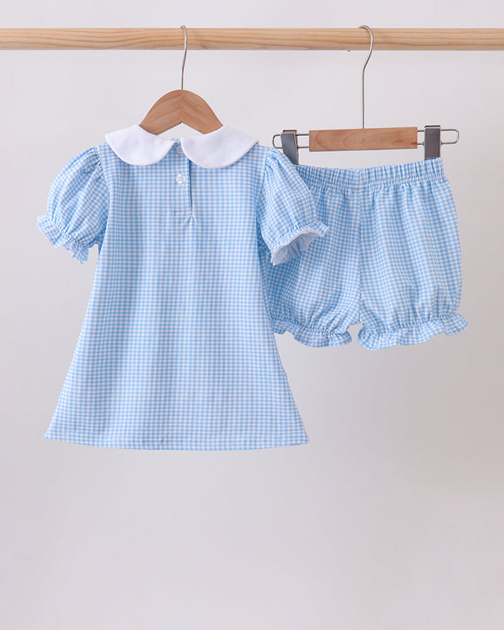 Blue gingham baby dress and bloomer set with white Peter Pan collar