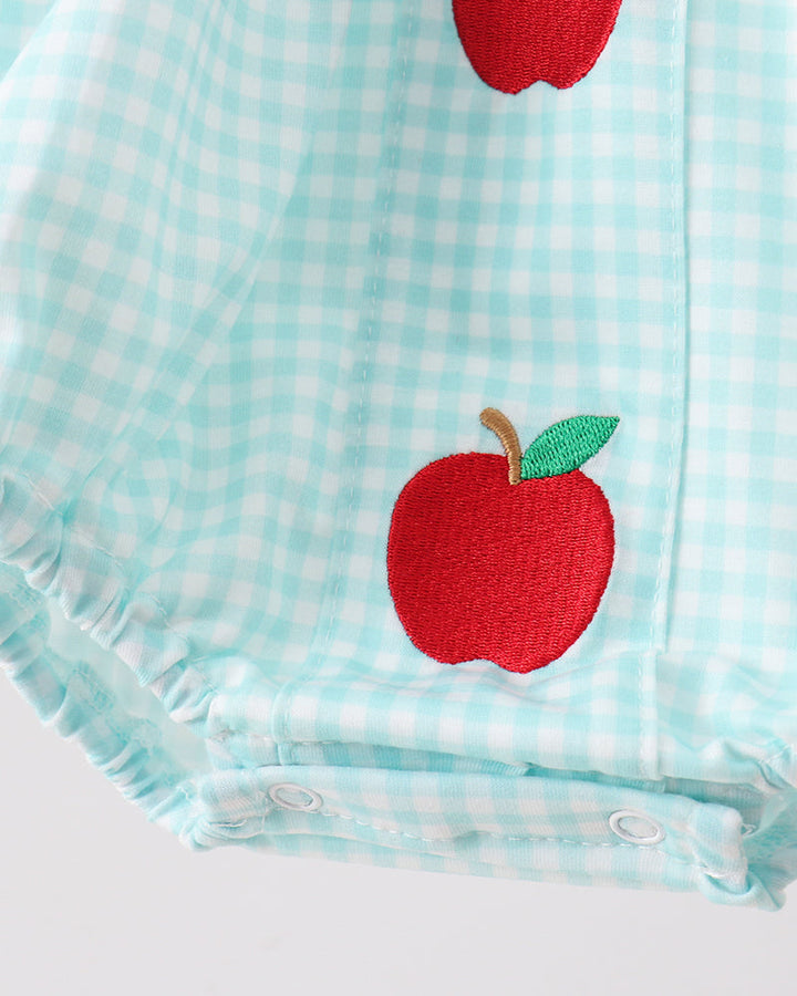 Light blue checkered fabric with red apple applique on a white background