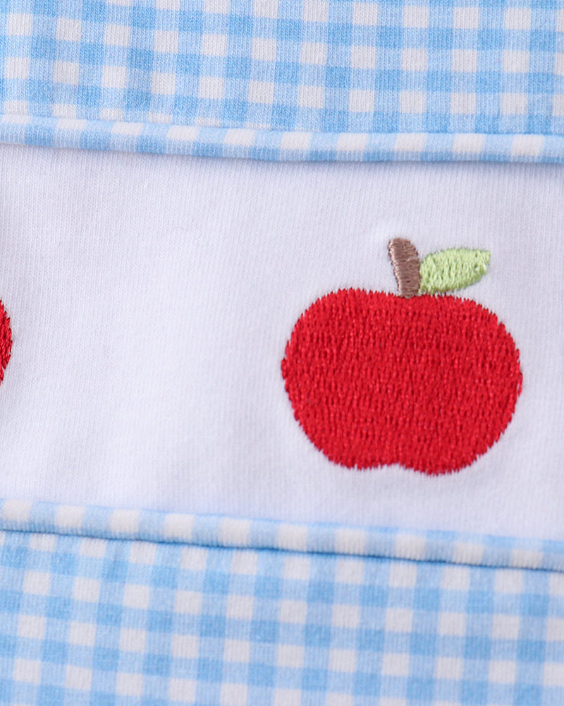 White-and-light-blue bubble romper with red apple applique and green leaf embroidery