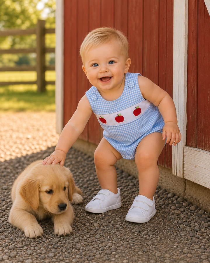 Light blue gingham apple-print bubble romper with sleeveless bodice and button straps