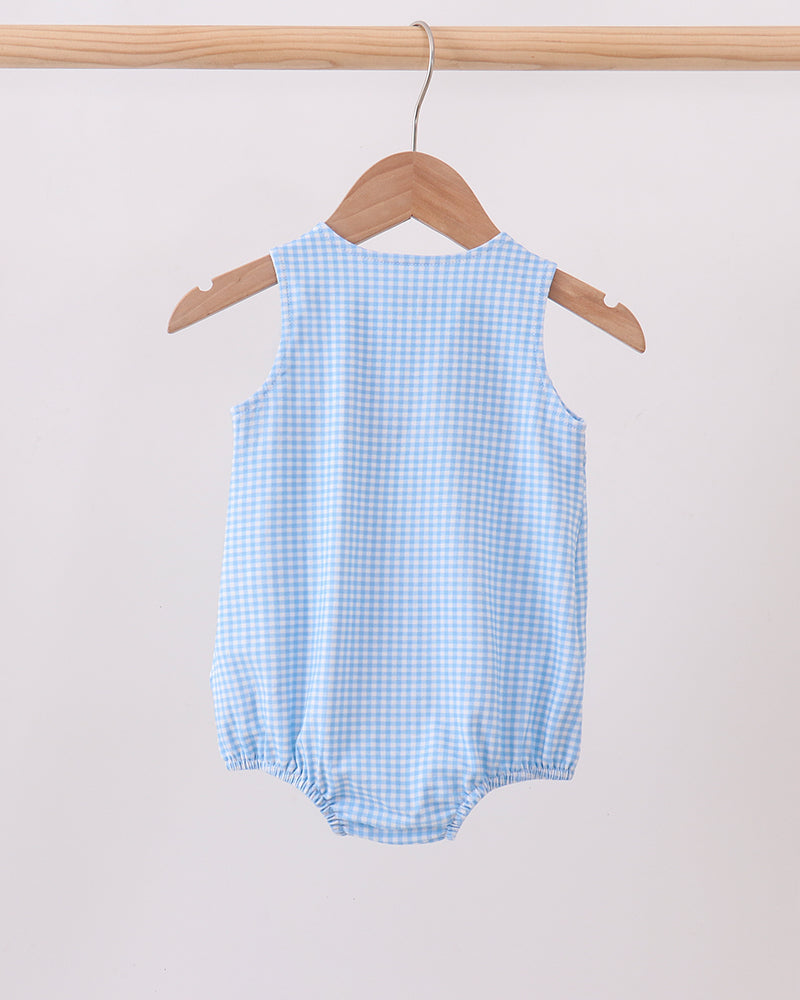 Light blue gingham apple bubble romper with sleeveless body and elastic leg openings