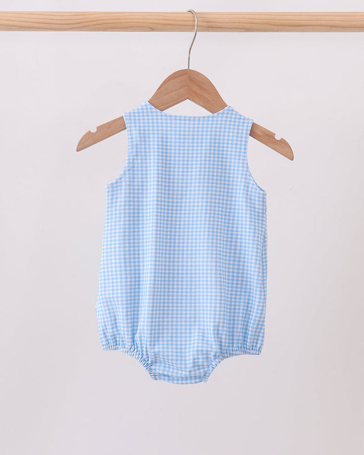 Light blue gingham apple bubble romper with sleeveless body and elastic leg openings