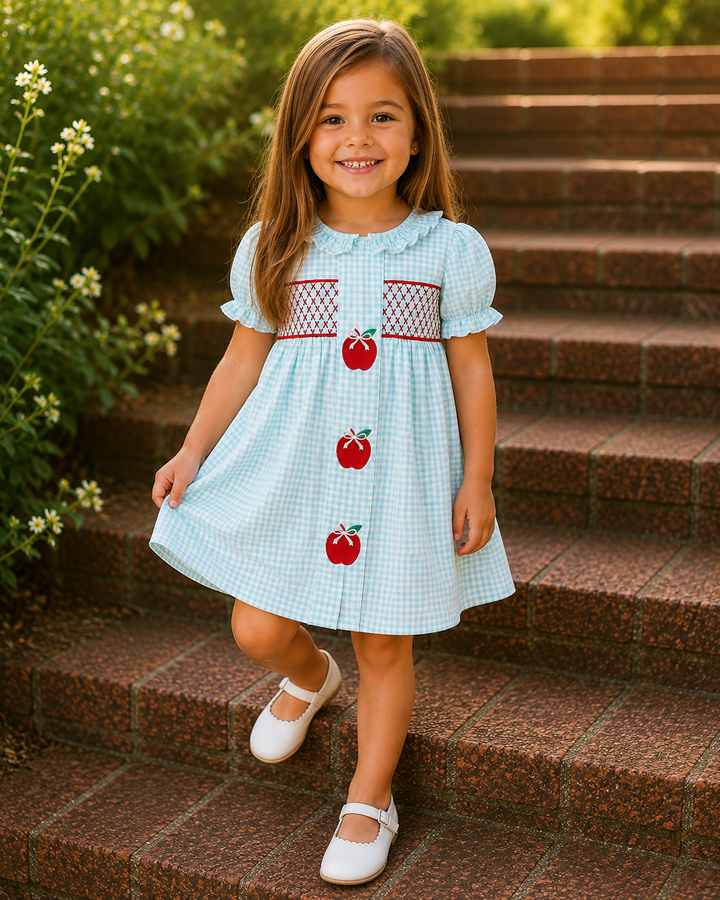 Young girl in a light blue dress with red apple designs standing on stone steps.