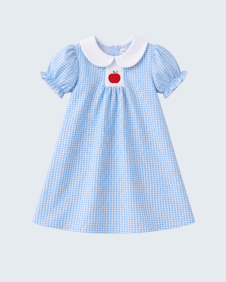 Light blue gingham smocked dress with white Peter Pan collar, puff sleeves, red apple