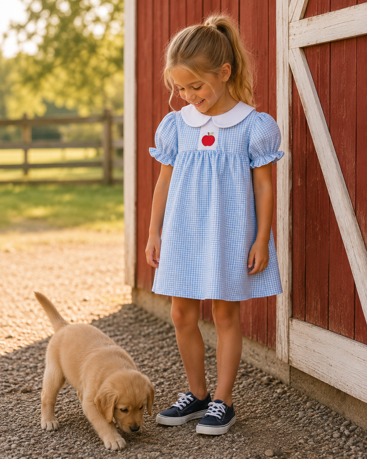 Blue gingham smocked dress with white Peter Pan collar and red apple motif
