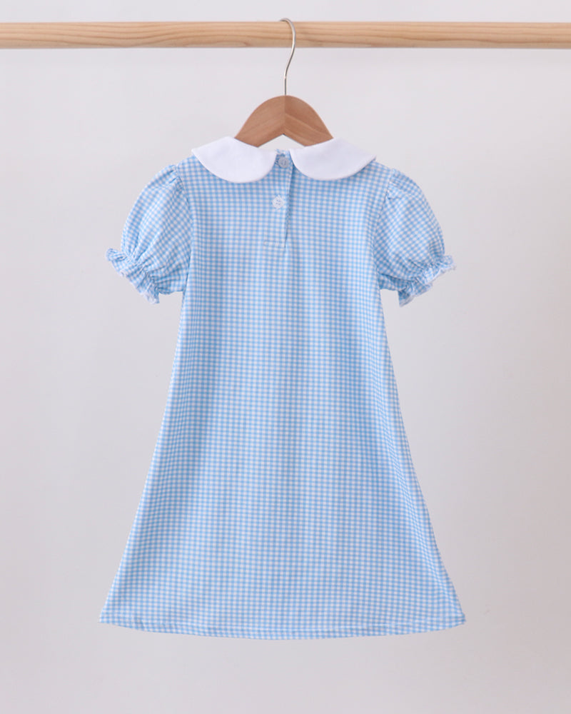 Light blue gingham short-sleeve dress with white Peter Pan collar and gathered hem