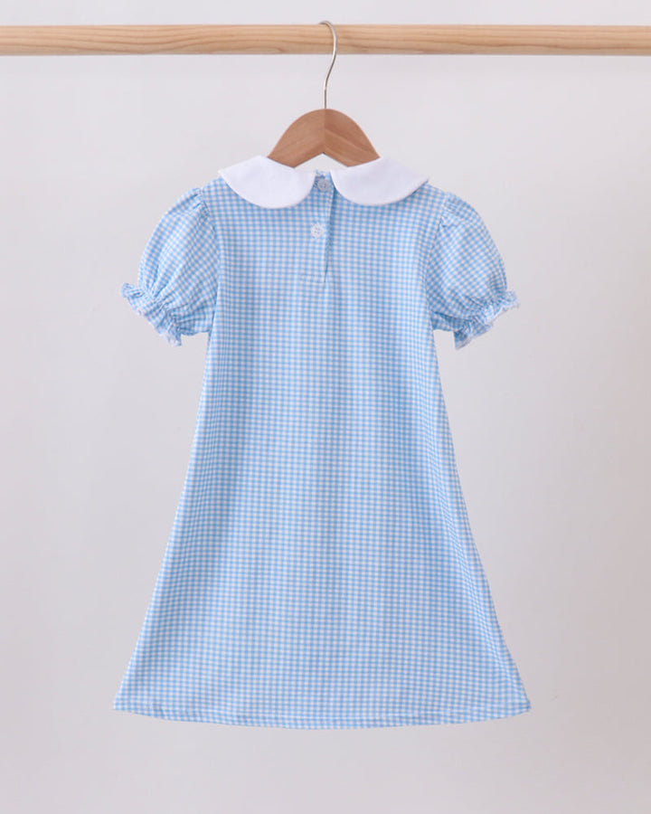 Light blue gingham short-sleeve dress with white Peter Pan collar and gathered hem
