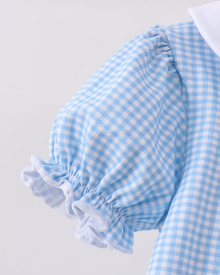 Light blue gingham puff sleeve with elastic ruffle cuff