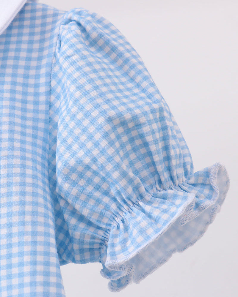 Light blue gingham puff sleeve with gathered ruffle cuff