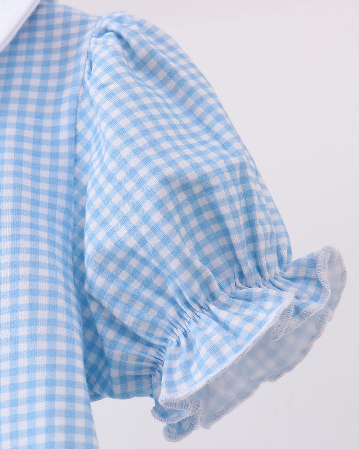 Light blue gingham puff sleeve with gathered ruffle cuff
