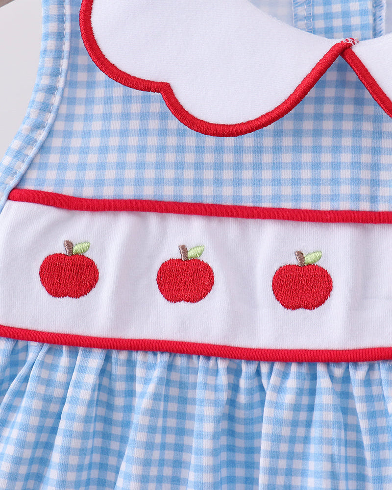 Blue Apple smocked dress bodice with red scalloped collar and apple applique