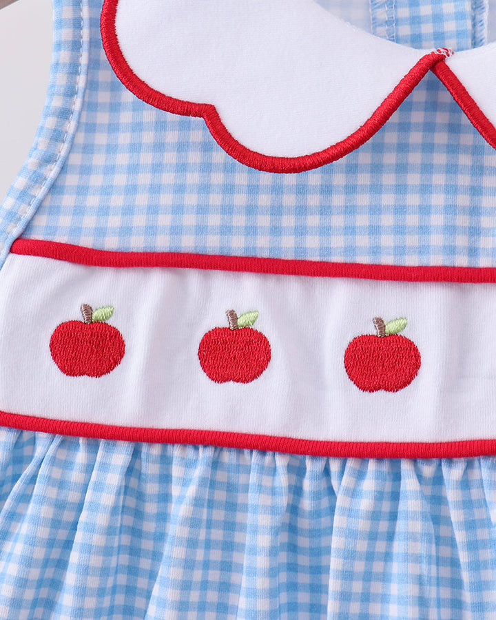 Blue Apple smocked dress bodice with red scalloped collar and apple applique