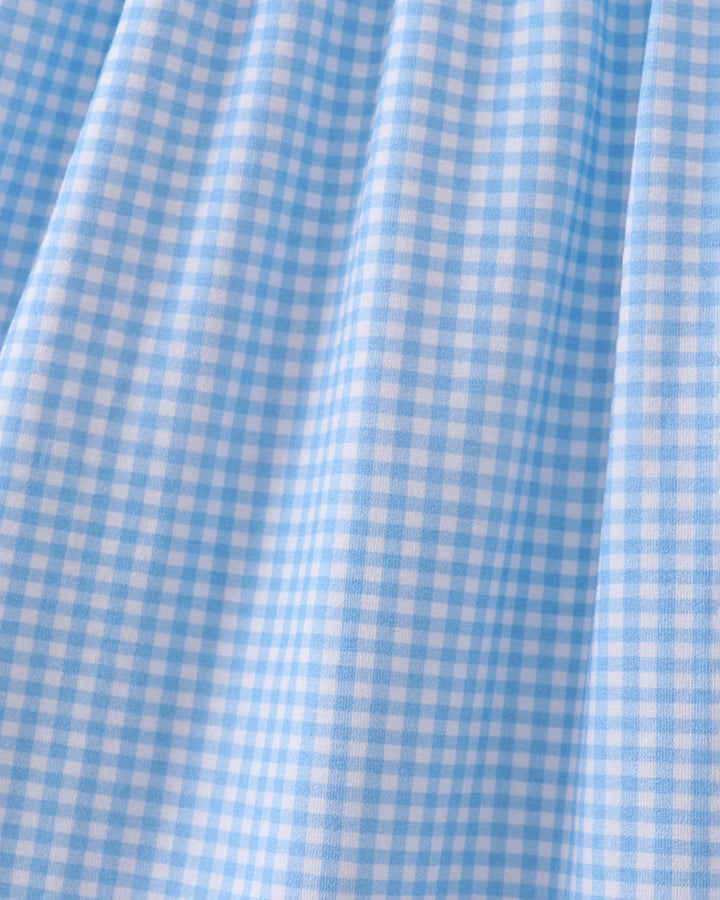 Blue Apple smocked dress in light blue gingham with pleated skirt
