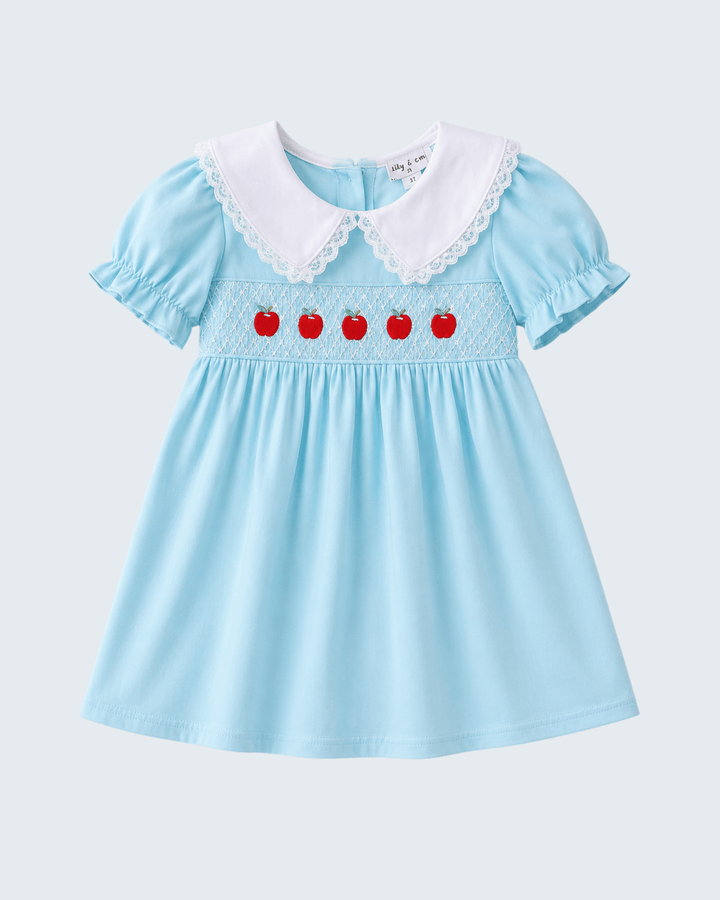 Light blue smocked lace dress with red apple row on smocked bodice