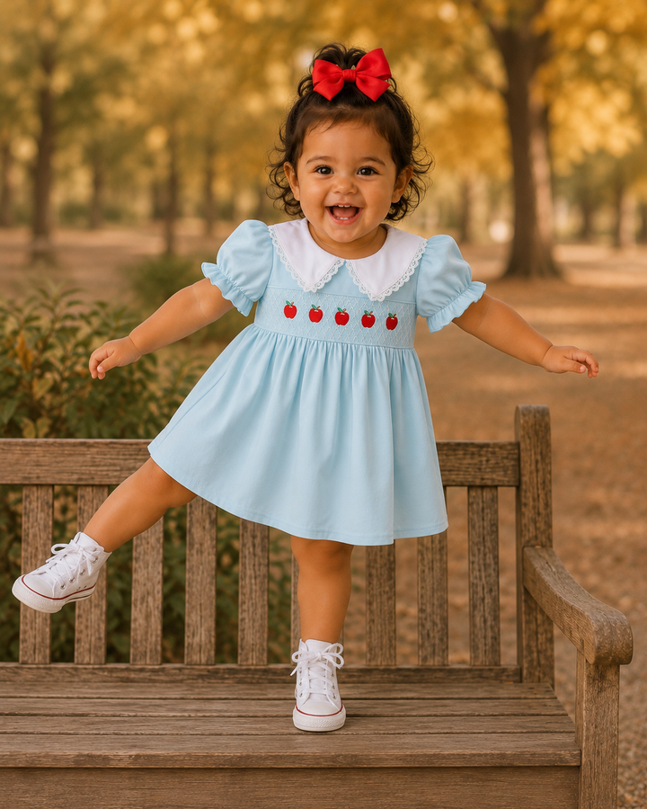 Light blue smocked lace dress with red apple embroidery and white lace collar
