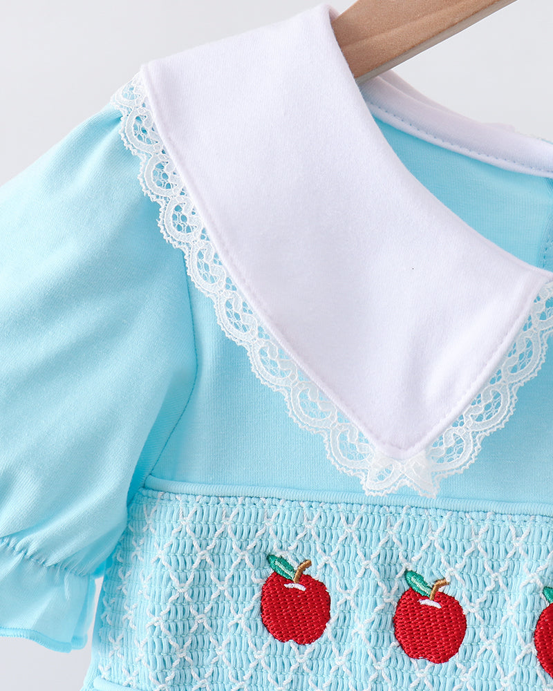 Light blue smocked lace dress with white lace peter-pan collar and button placket
