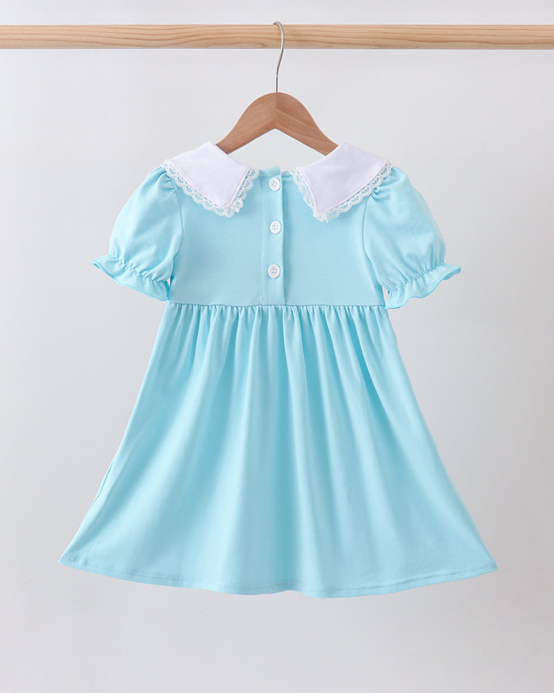 Light blue smocked lace dress with white lace collar and short flutter sleeves